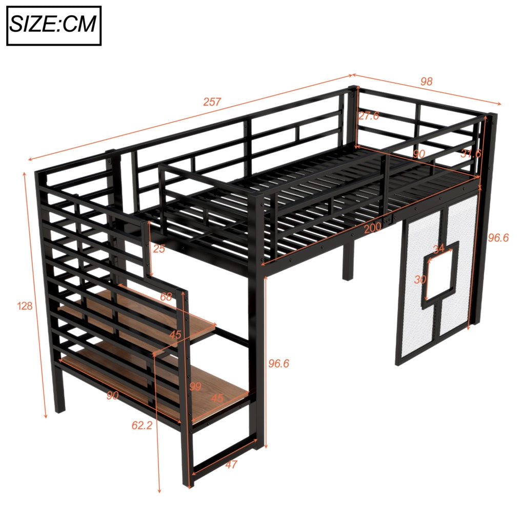 LETTO a soppalco in metallo 90x200 cm Nero con scala e luci LED