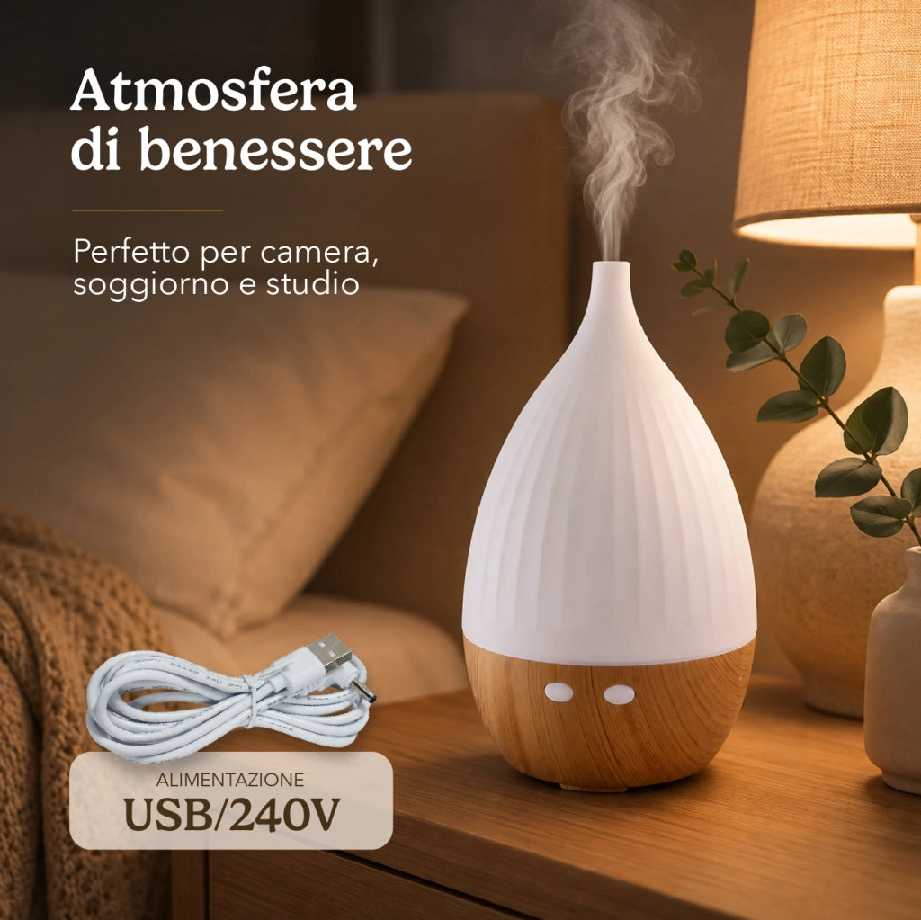 Diffusore di Aromi 130 ml con Luce LED 7 Colori, Umidificatore per Ambienti e Aromaterapia, Autonomia fino a 3 Ore, Design Effetto Legno, Alimentazione USB/240V