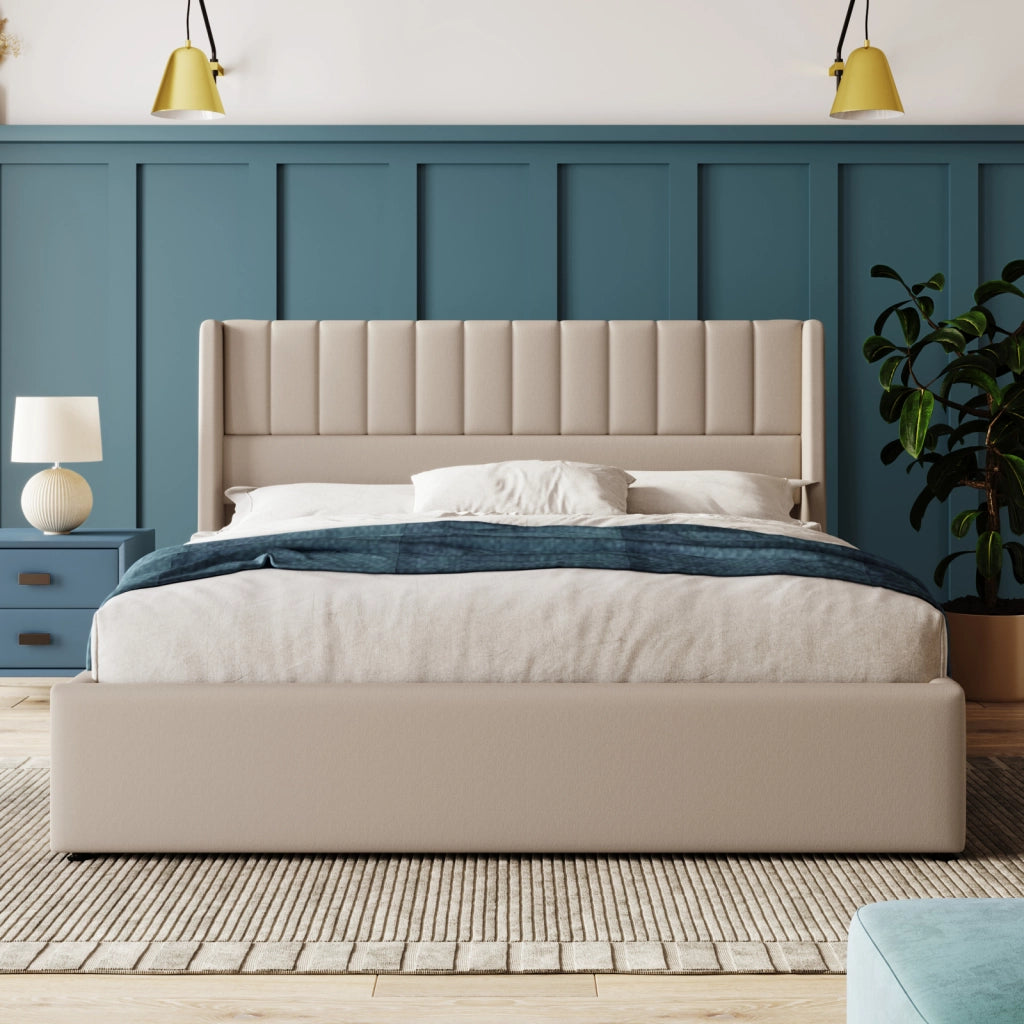 Letto matrimoniale contenitore 160x200 cm con testiera imbottita rete a doghe sollevabile e rivestimento a righe verticali in lino beige