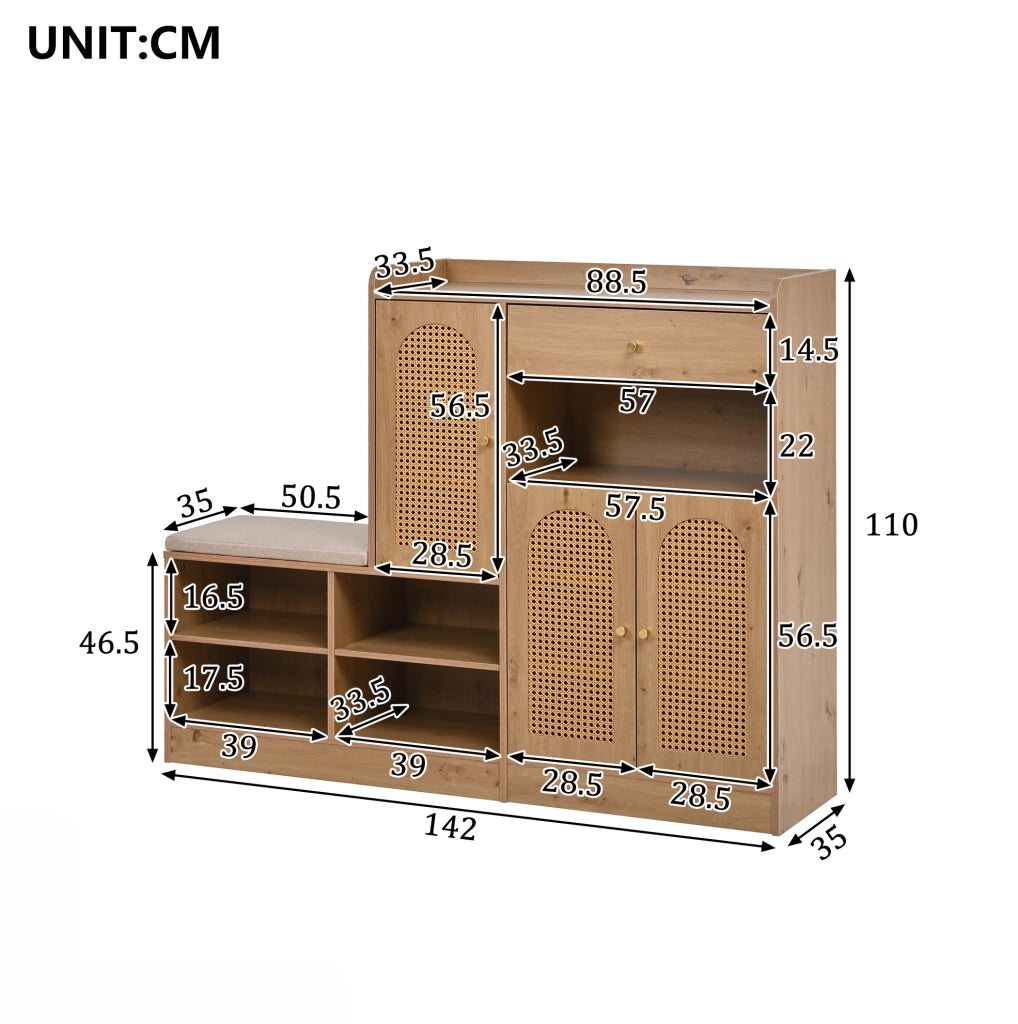 Scarpiera con panca imbottita 142x35x110 cm, 3 ante in rattan PE e cassetto, naturale HAVRYA