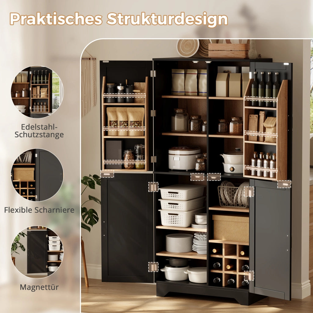 Armadio contenitore alto in MDF con portabottiglie, nero e naturale