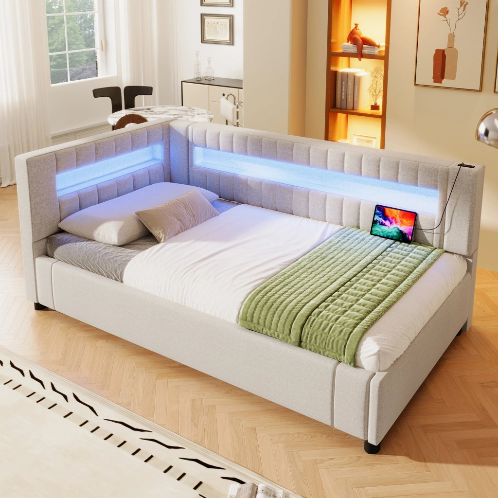 Daybed in lino beige 90x200 con LED; sollevamento idraulico; USB/Type-C; senza materasso