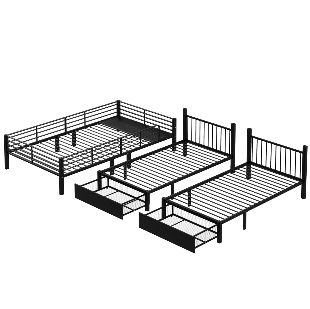 Letto a castello triplo in metallo 140x200 e 2x90x200 nero con 2 cassetti