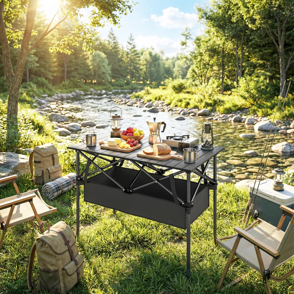 Tavolo da picnic pieghevole e rotelle ¨C Minimal ¨C Nero, rete, 70x70x70 cm
