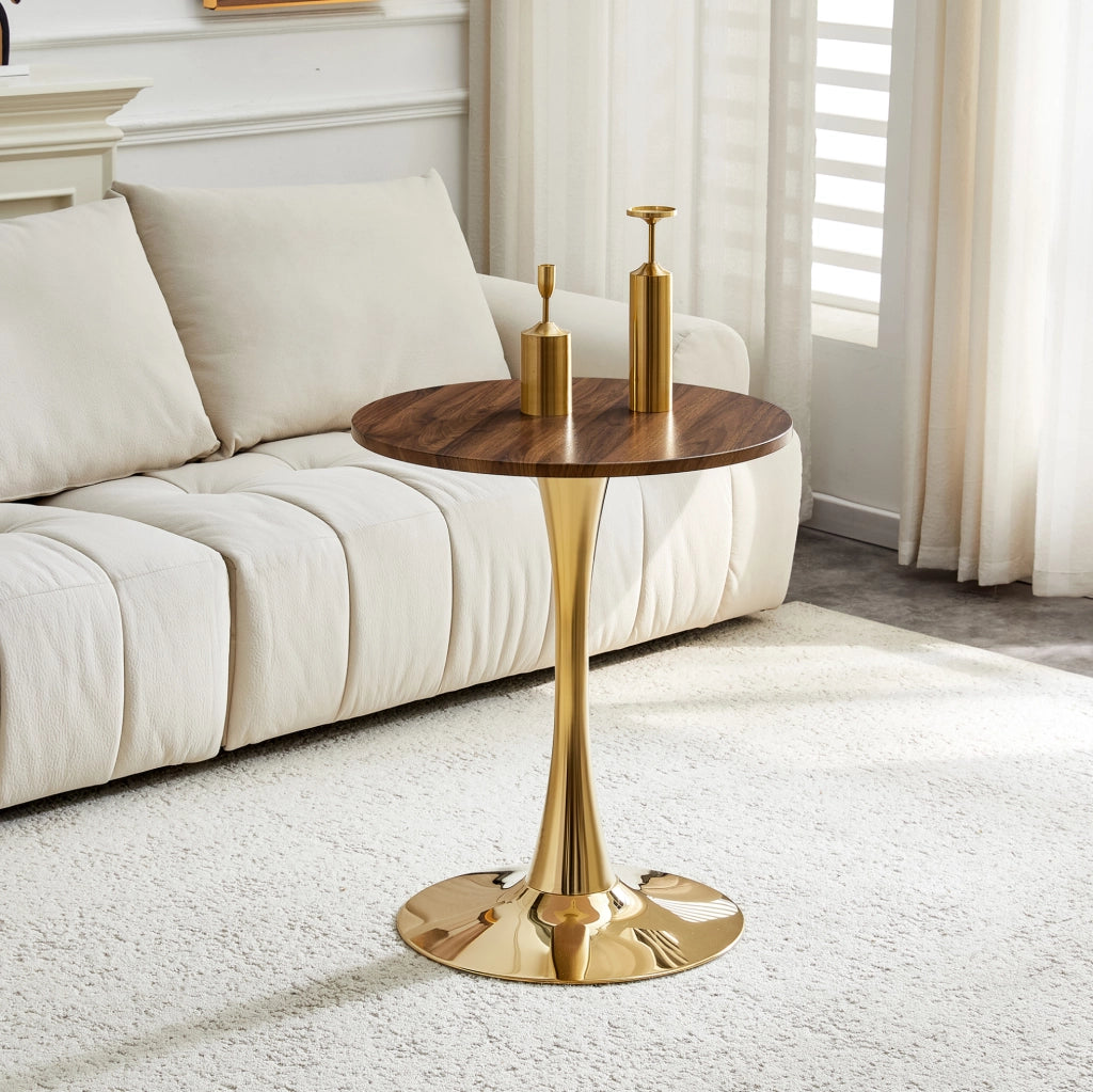 TAVOLO rotondo Mid-Century 72 cm MDF noce e metallo oro
