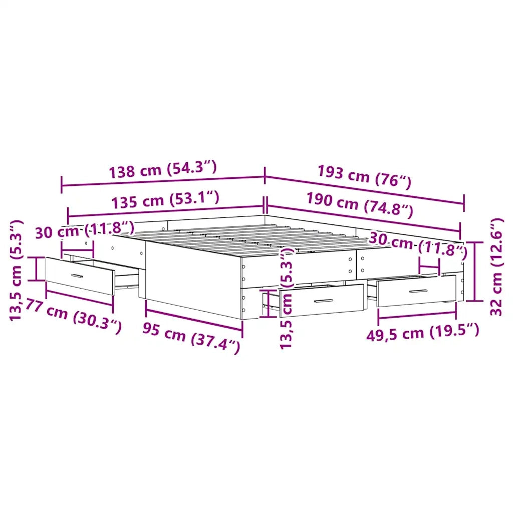 Letto matrimoniale | Letto per adulti | Struttura del letto Rovere artigianale 135 x 190 cm