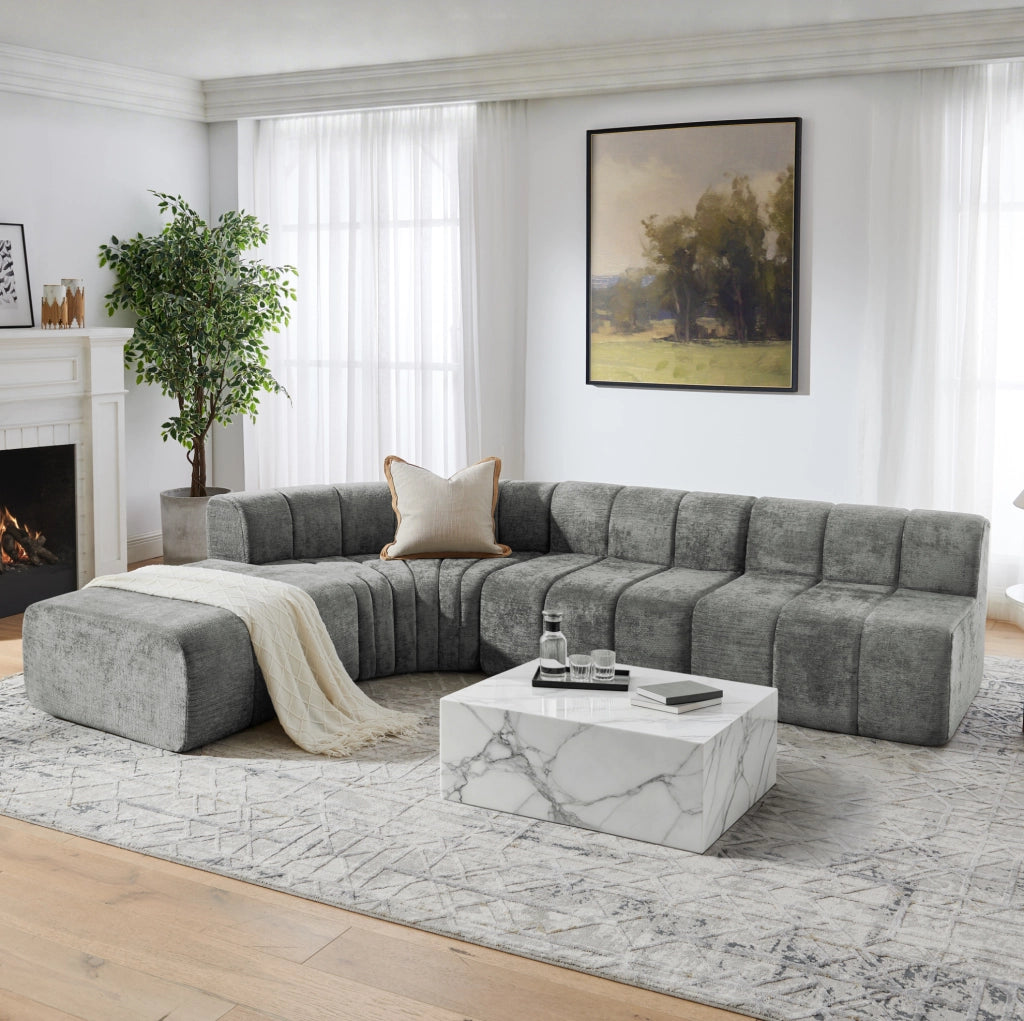 Divano angolare modulare in ciniglia grigio con moduli combinabili