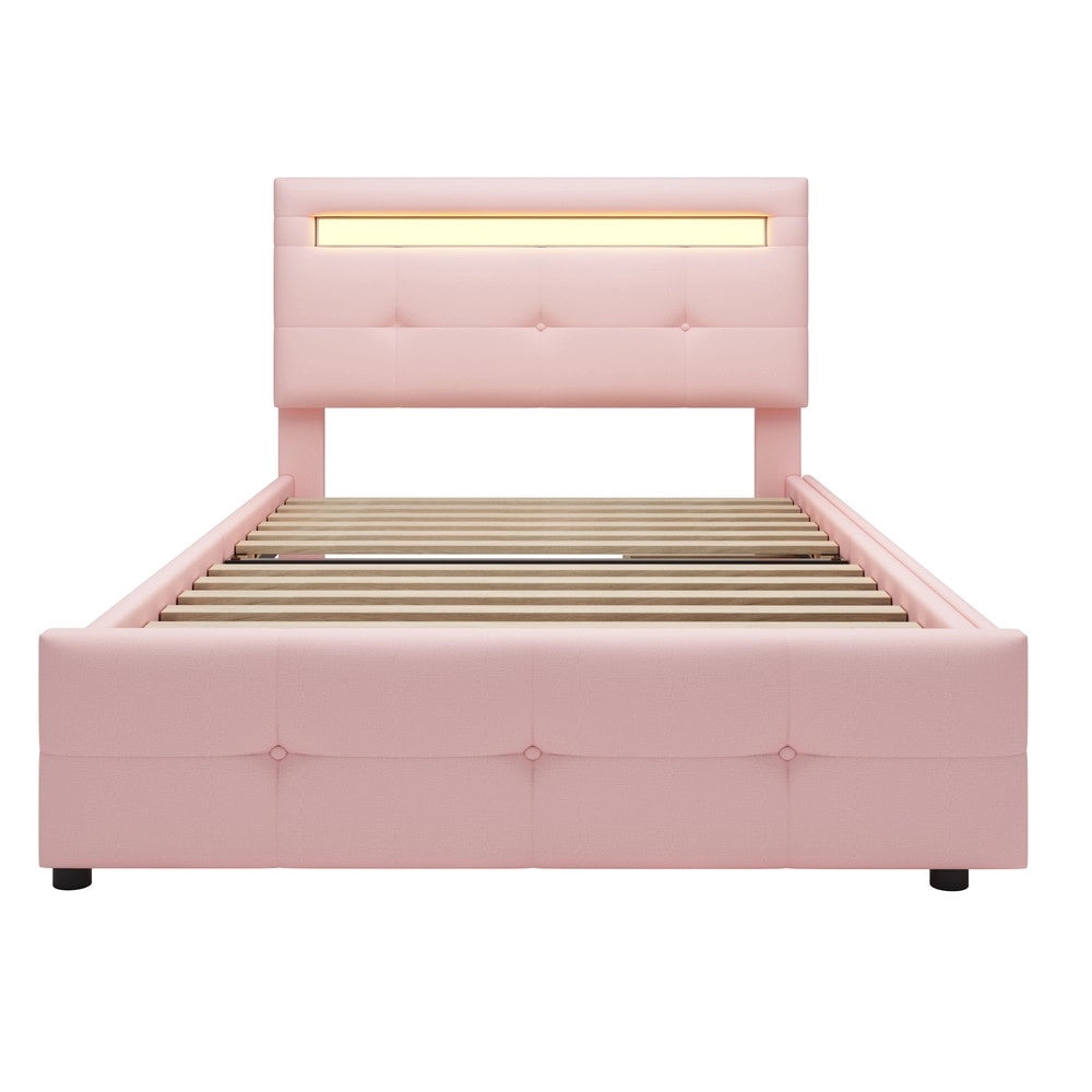 Letto Singolo Imbottito con LED e Cassetti ¨C MINIMAL ¨C Rosa, 90x200