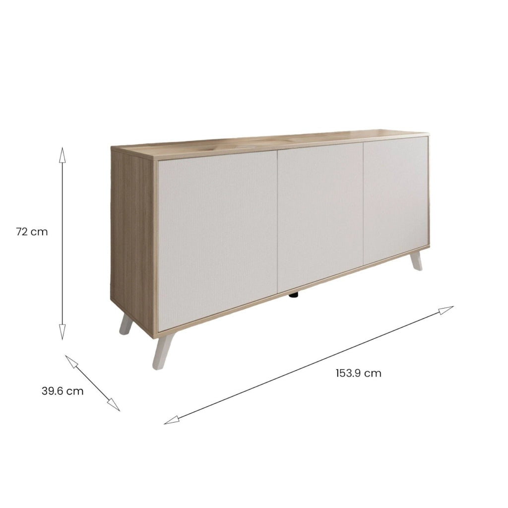 Credenza Annina, Buffet da soggiorno, Madia da salotto, Dispensa da cucina, 154x40h72 cm, Rovere e Bianco