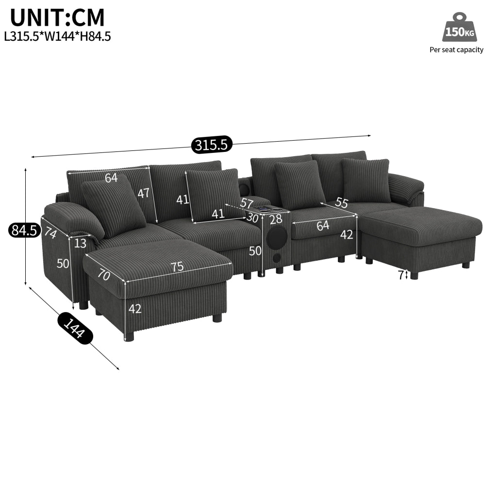 Divano modulare in velluto a coste con console Bluetooth; ricarica wireless USB/Type-C; grigio