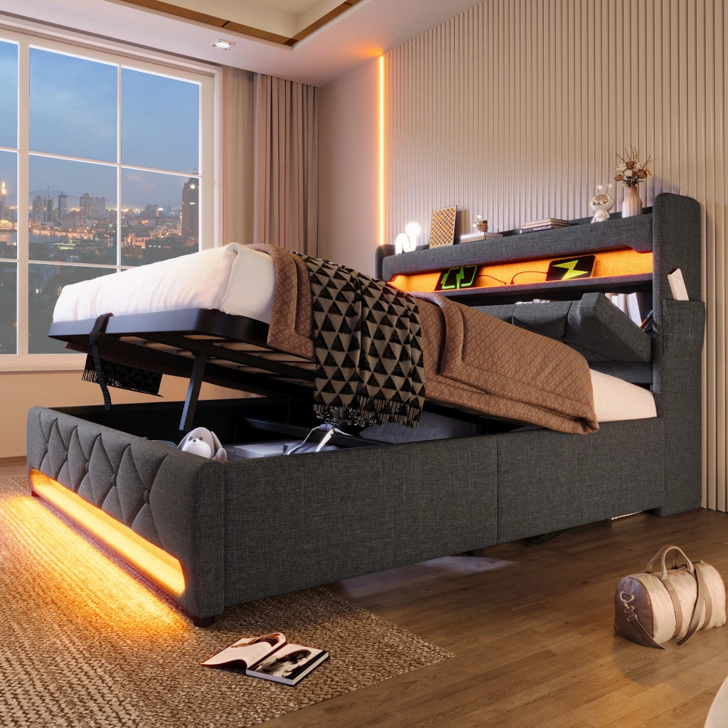 Letto matrimoniale 140 × 200 cm con materasso contenitore in lino grigio LED 360 gradi USB e porta Type C