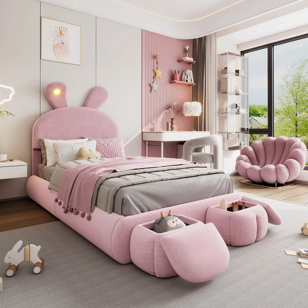Letto Singolo Imbottito con Contenitore e LED ¨C MINIMAL ¨C Velluto Rosa 90x200