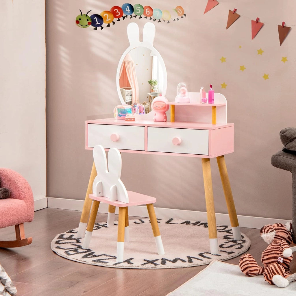 Toeletta Trucco 2 in 1 per Bambina a Forma di Coniglio, Bianco
Specchiera Staccabile per Ragazza in Legno con Sgabello, Ripiano e 2 Cassetti, Postazione Trucco, 78 x 37 x 110cm