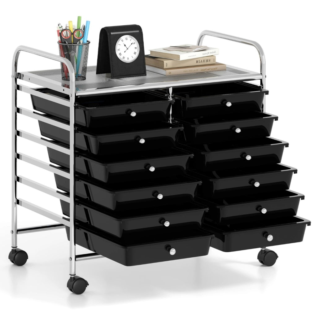 Carrello portaoggetti con 12 cassetti e ampio piano di lavoro, Cassettiera con 4 ruote per soggiorno e cucina Nero