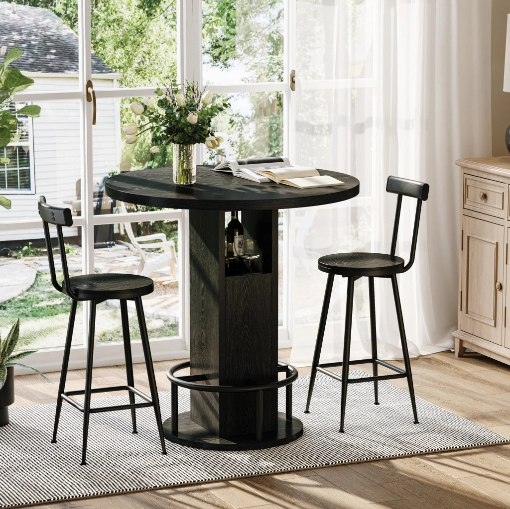 Set tavolo bar rotondo con 2 sgabelli, 80 cm, nero, con vani contenitore