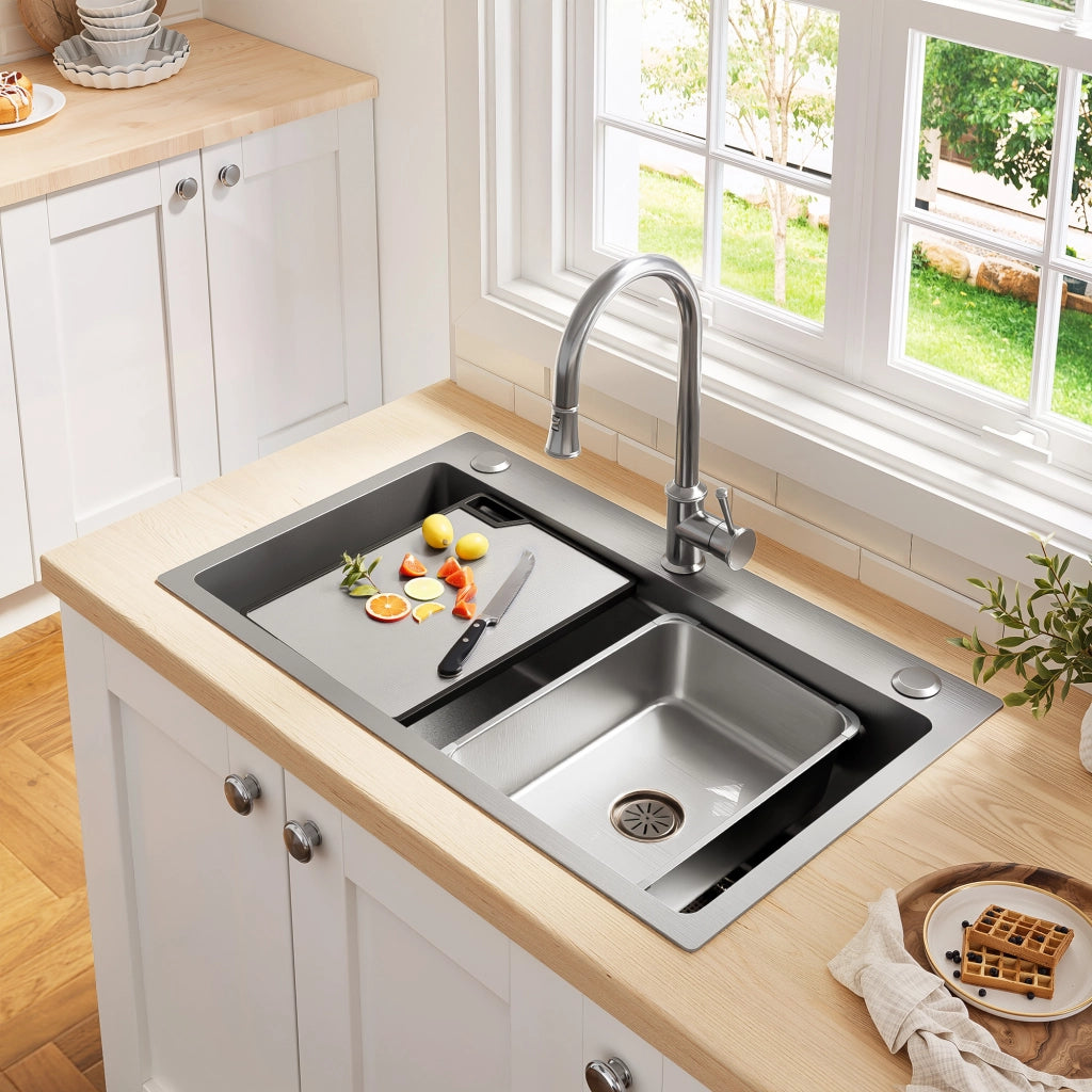 Lavello da cucina a incasso in acciaio inox PVD 75 × 45 × 22 cm con tagliere, cestello e 3 fori rubinetto