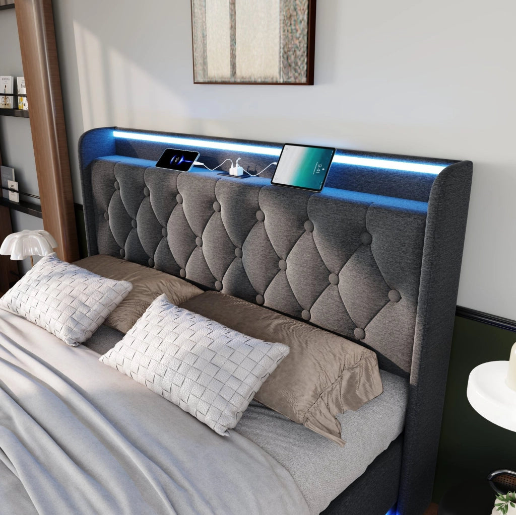Letto contenitore 160×200 cm grigio con LED e USB