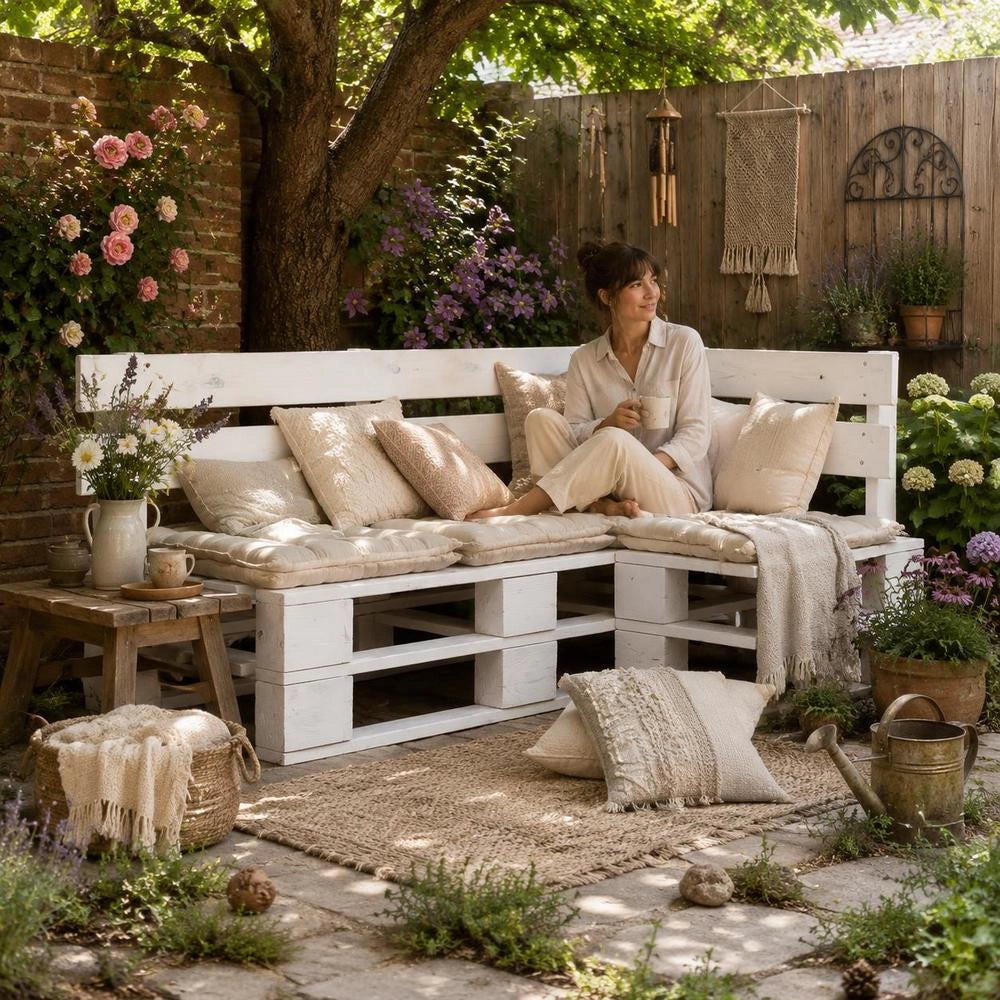 Outdoor Corner Bench, Pallet Wood, White