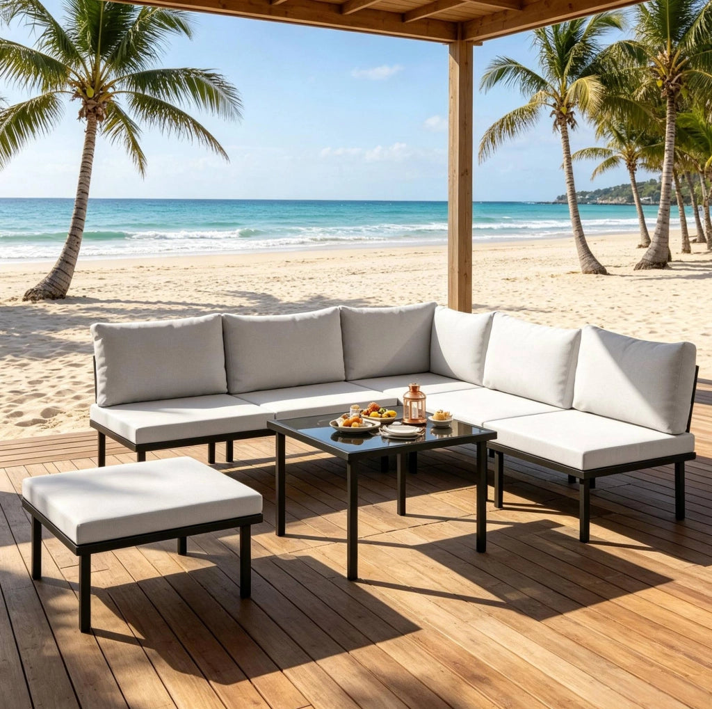 Set da giardino modulare ULEVR 6 pezzi con divano 2 posti, poltrone, pouf e tavolino in vetro, nero e grigio chiaro