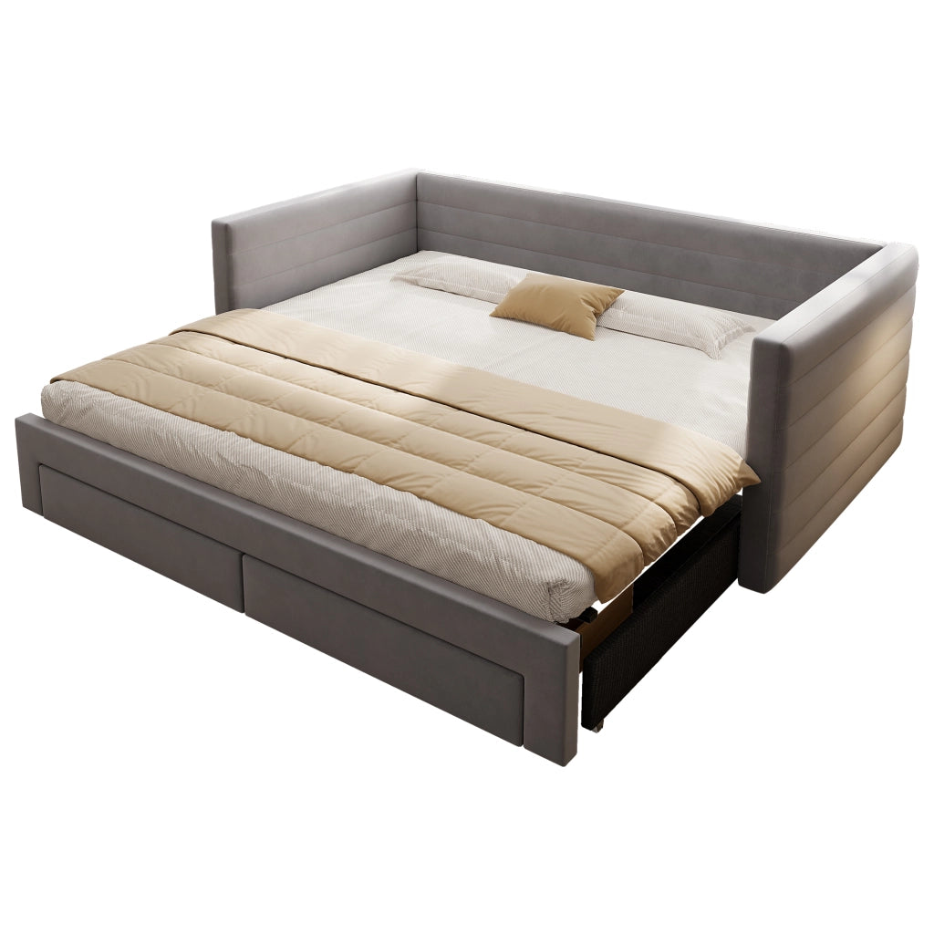 Divano letto 3 in 1 imbottito estraibile 90x190 cm in cotone e lino grigio; con cassetti