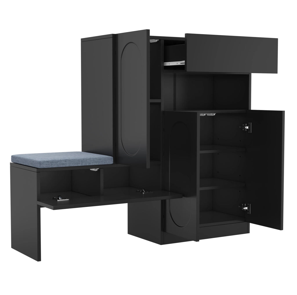 Scarpiera con panca 130x35x110 cm; ante con chiusura ammortizzata; pannello truciolare nero