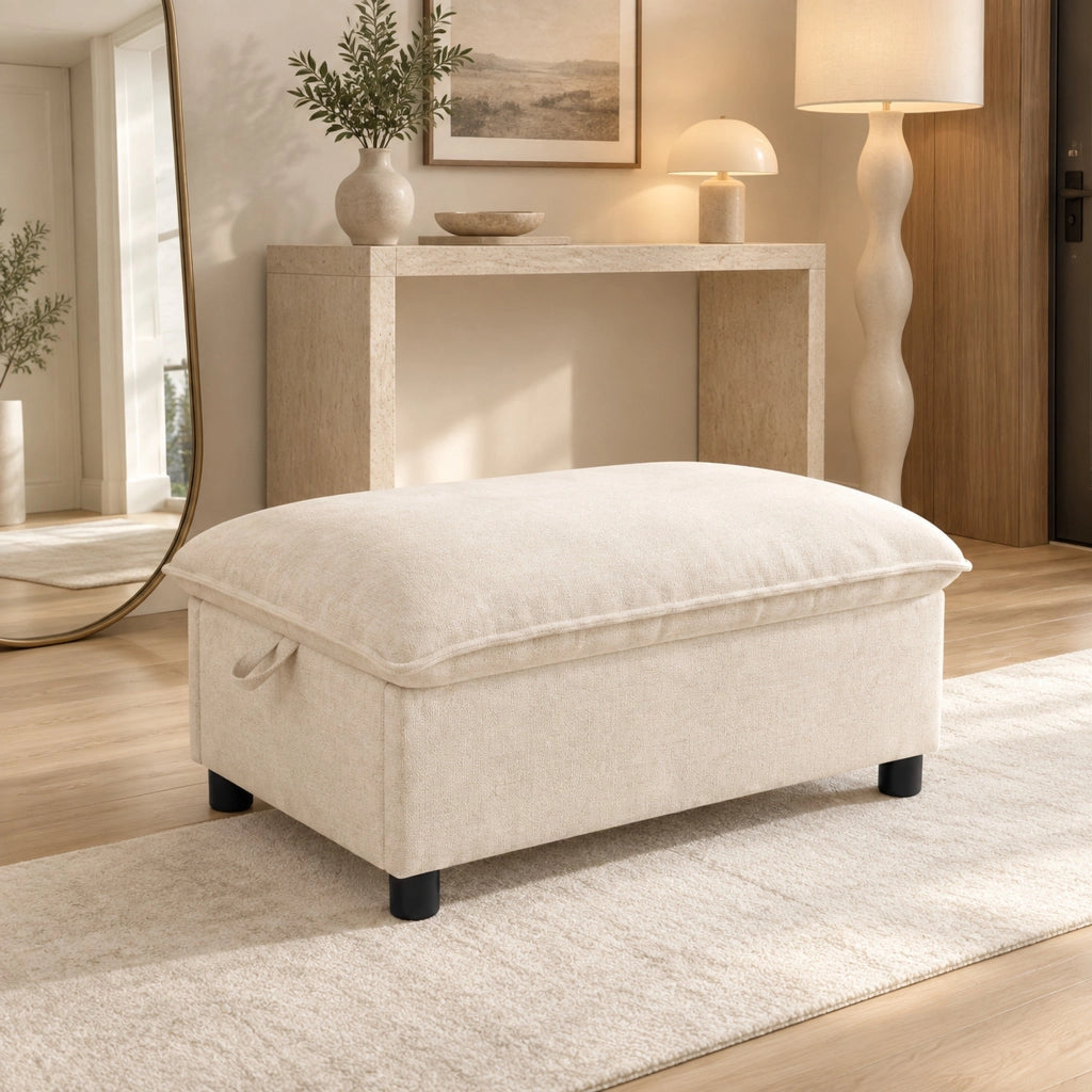 Pouf contenitore poggiapiedi in ciniglia beige per soggiorno e camera da letto con gambe da 8 cm 48 × 98 × 65 cm