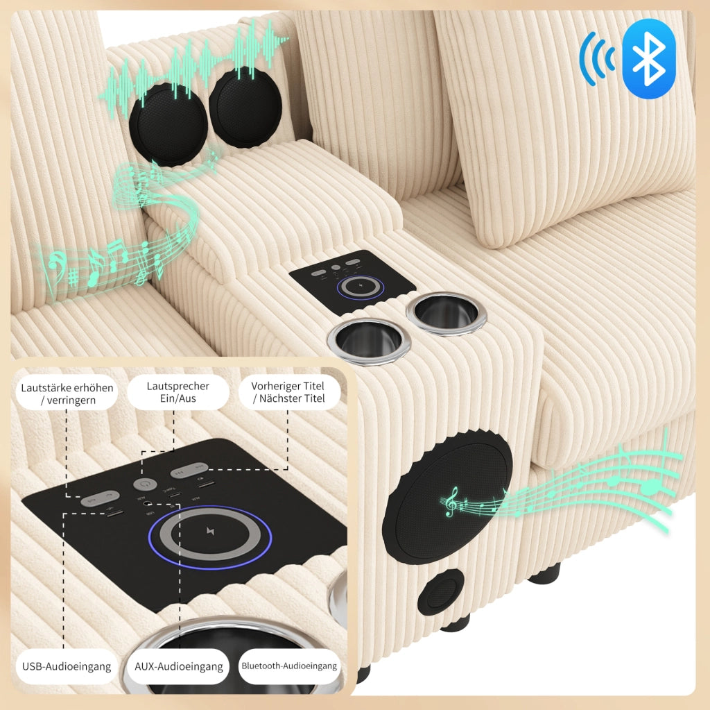 Divano modulare angolare 315;5x144 cm in velluto a coste beige con Bluetooth e ricarica USB-C