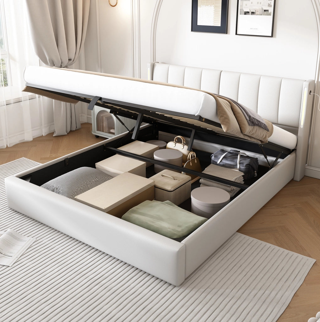 Letto contenitore 180x200 cm con LED; USB C e testiera regolabile; PU bianco