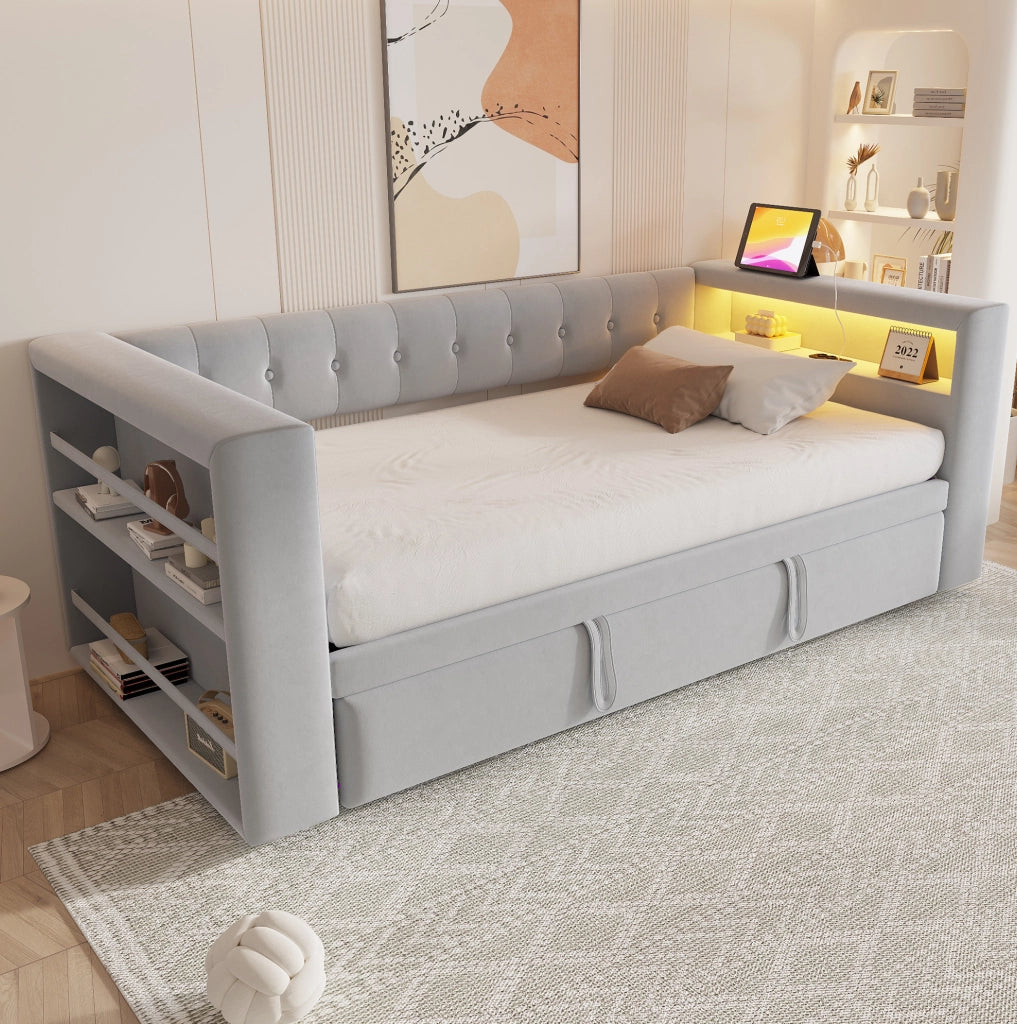 Divano letto multifunzione grigio chiaro 90/180x190 cm con LED