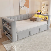 Divano letto multifunzione grigio chiaro 90/180x190 cm con LED