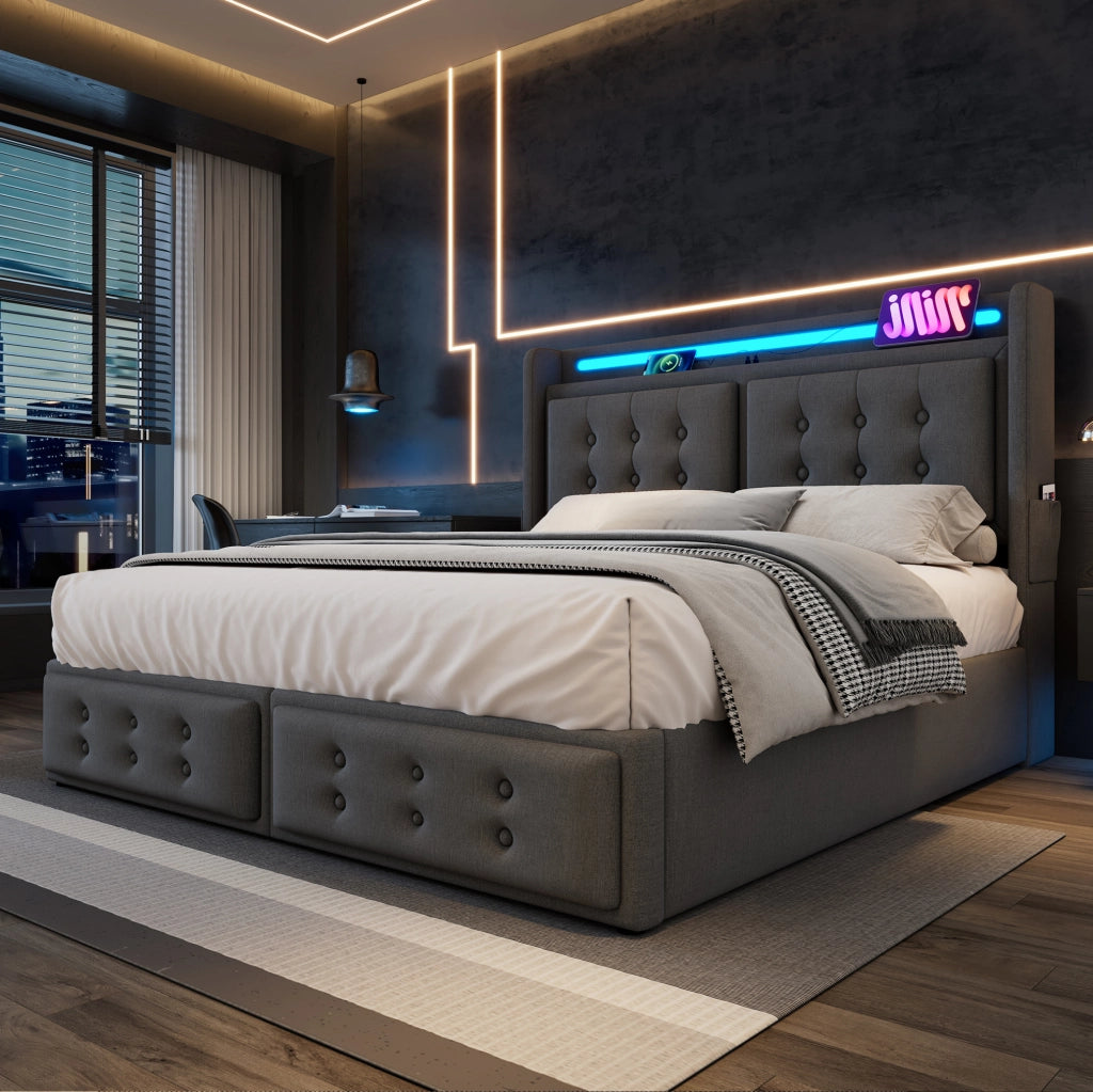 Letto contenitore 140 × 200 cm con LED; prese USB e Type-C; grigio