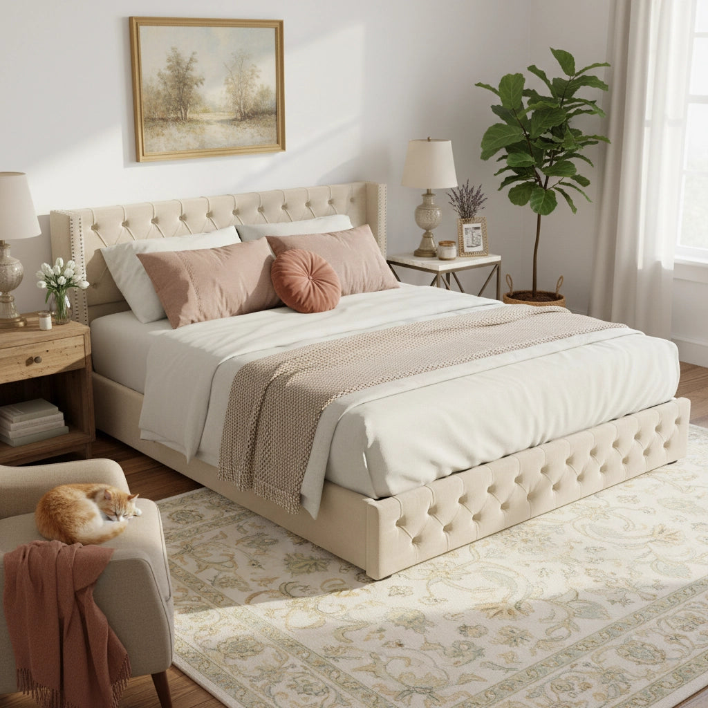 Letto contenitore 160x200 cm con sollevamento idraulico in velluto beige