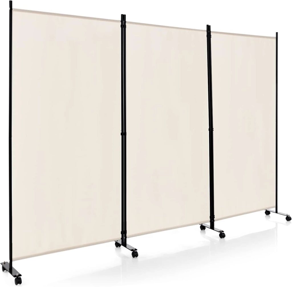 Paravento da Interno in Metallo, Separé Divisorio Interno Pieghevole con Piedini Stabili, Pannelli Divisori per Interni per Casa e Ufficio (Beige, 262 x 180 cm (3 Pannelli con ruote))