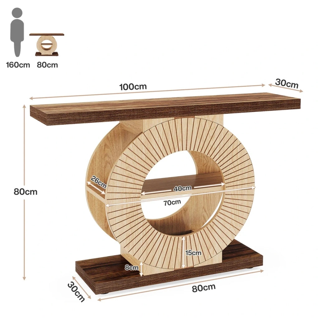Tavolo consolle in legno marrone stile rustico con ripiani e base rotonda