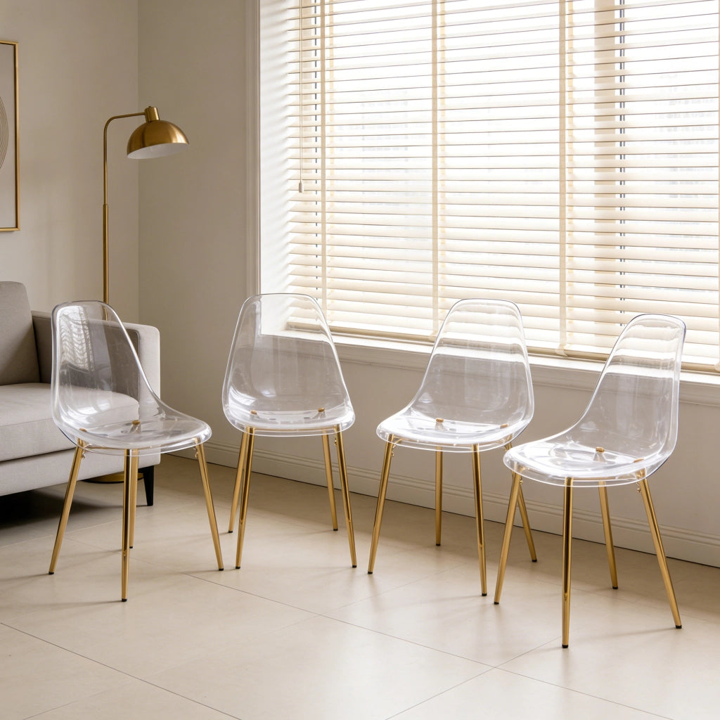 Sedia moderna trasparente con gambe dorate, in ABS e metallo, facile da montare