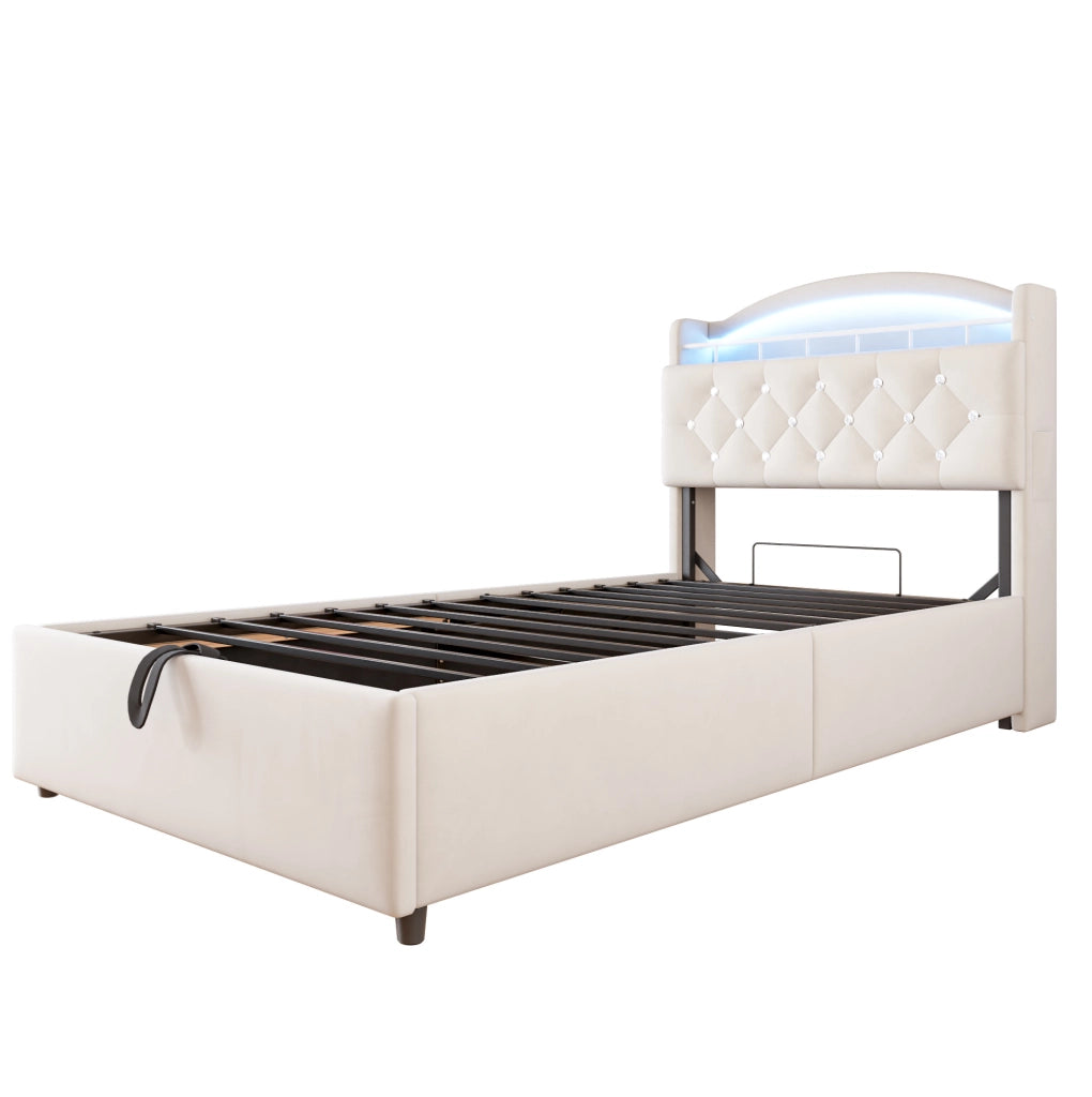 Letto imbottito per bambini 90x200 cm con contenitore, LED e porte USB in tessuto beige