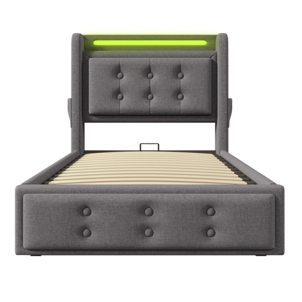 Letto singolo imbottito 90x200 cm con testiera LED e contenitore