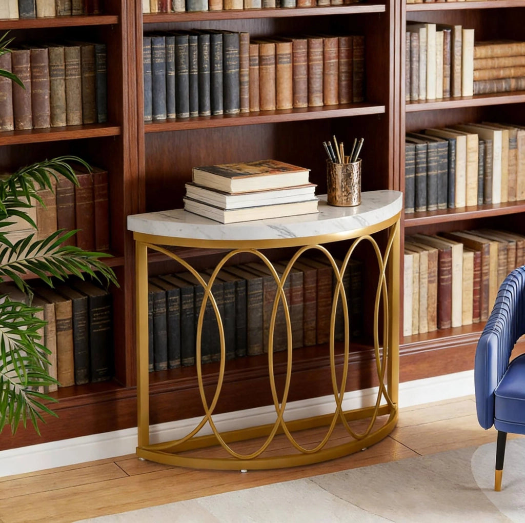 Tavolo consolle da ingresso semicircolare oro e bianco, 110 x 35 cm