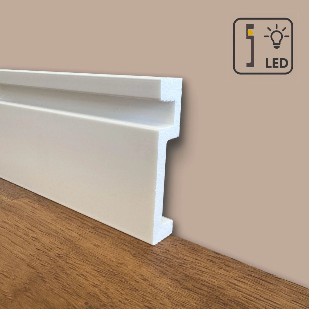 100ml di Battiscopa Quadro predisposizione LED in POLIMERI linea BASICBOARD  100x20mm - BIANCO pitturabile