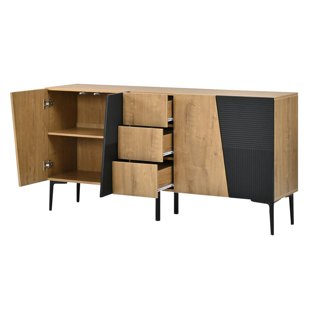 Credenza con 4 ante, 3 cassetti e ripiani regolabili per soggiorno, in truciolare nero e naturale, 160 × 40 × 80 cm