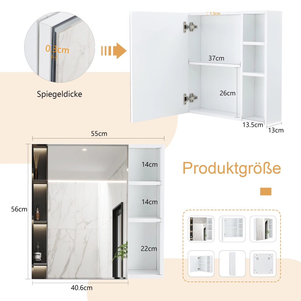 Mobile con specchio con anta e scomparti interni, specchio di sicurezza per bagno e camera da letto, MDF bianco