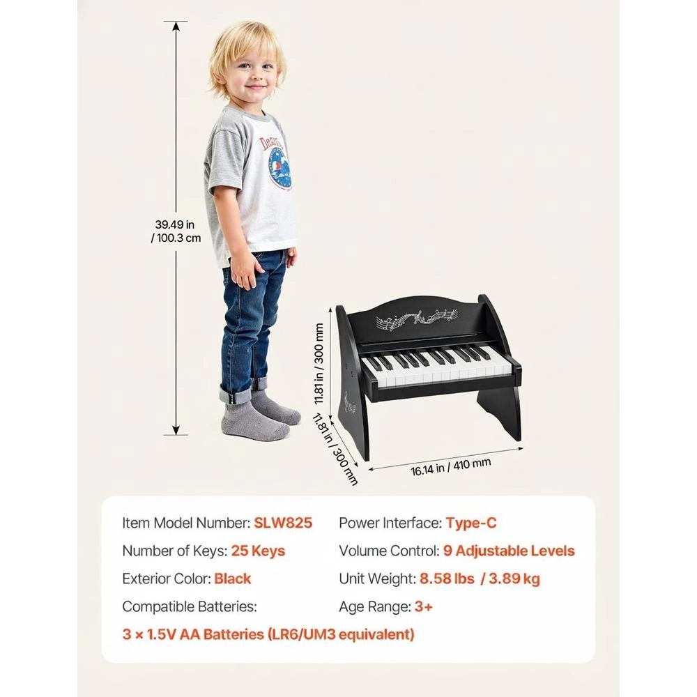 Tastiera Pianoforte Bambini 25 Tasti Strumento Musicale Educativo Suono Realistico Doppia Alimentazione Nero