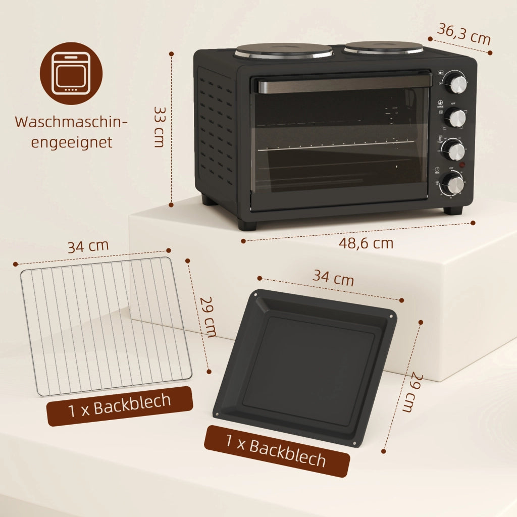 Mini Forno Elettrico 28L 2600W, 100-230°C, Timer 60 Min, con 2 Piastre Riscaldanti, Teglia, Griglia e Vassoio Briciole, Maniglia, Nero