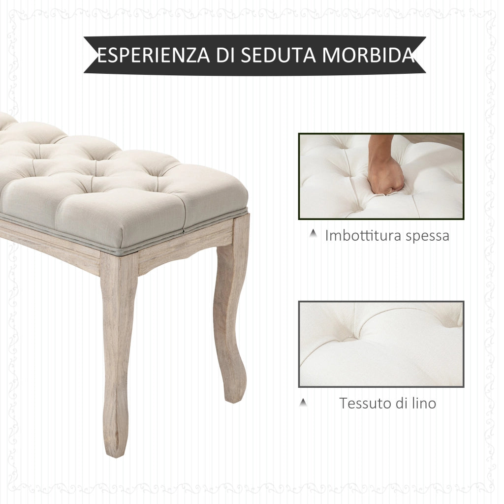 Panca Fondoletto Vintage con Seduta Imbottita in Tessuto e Gambe in Legno, 110x40x48cm, Beige