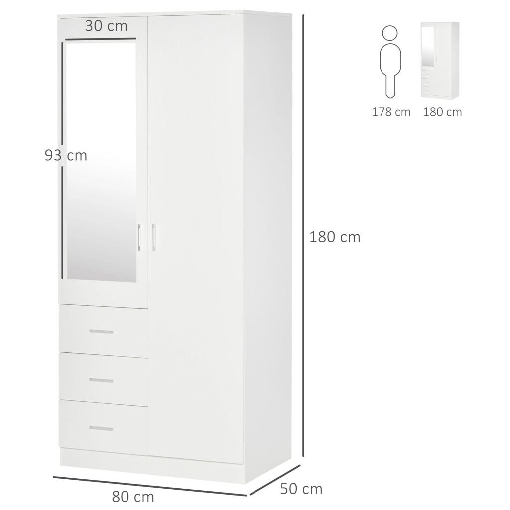 Armadio Guardaroba Moderno 2 Ante con Specchio e 3 Cassetti, Mobile da Camera Pratico e Robusto, 80x50x180cm, Bianco
