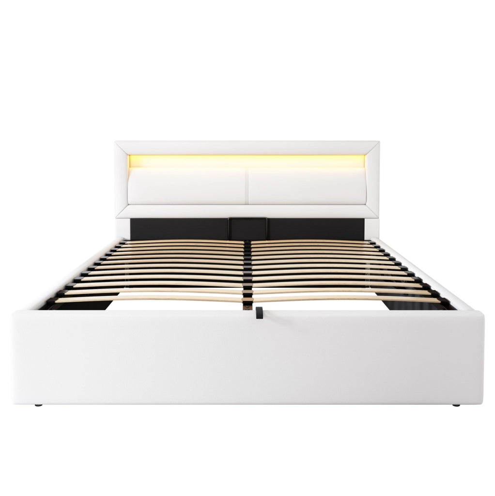 Letto imbottito con LED e contenitore 140 × 200 cm; PU bianco