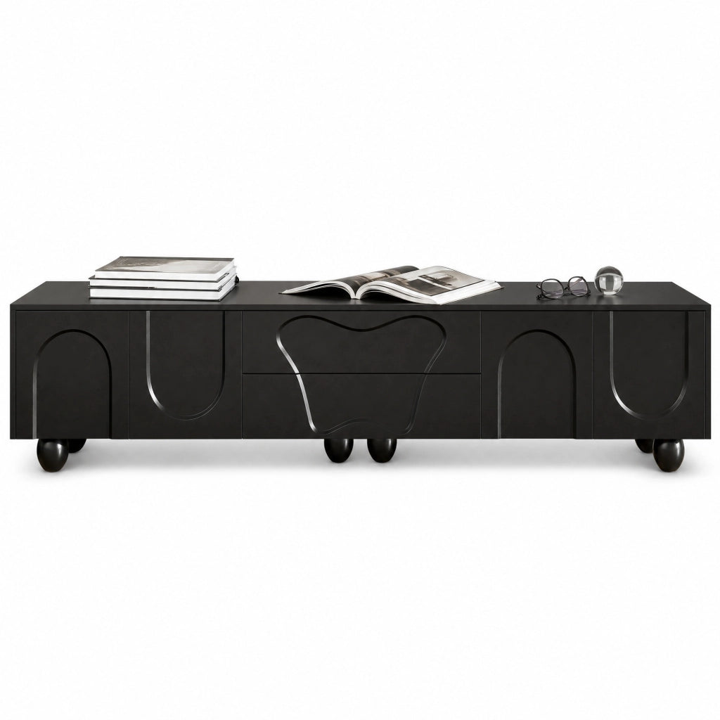 Mobile TV nero 180 cm con gambe in legno massello e ampio spazio contenitivo