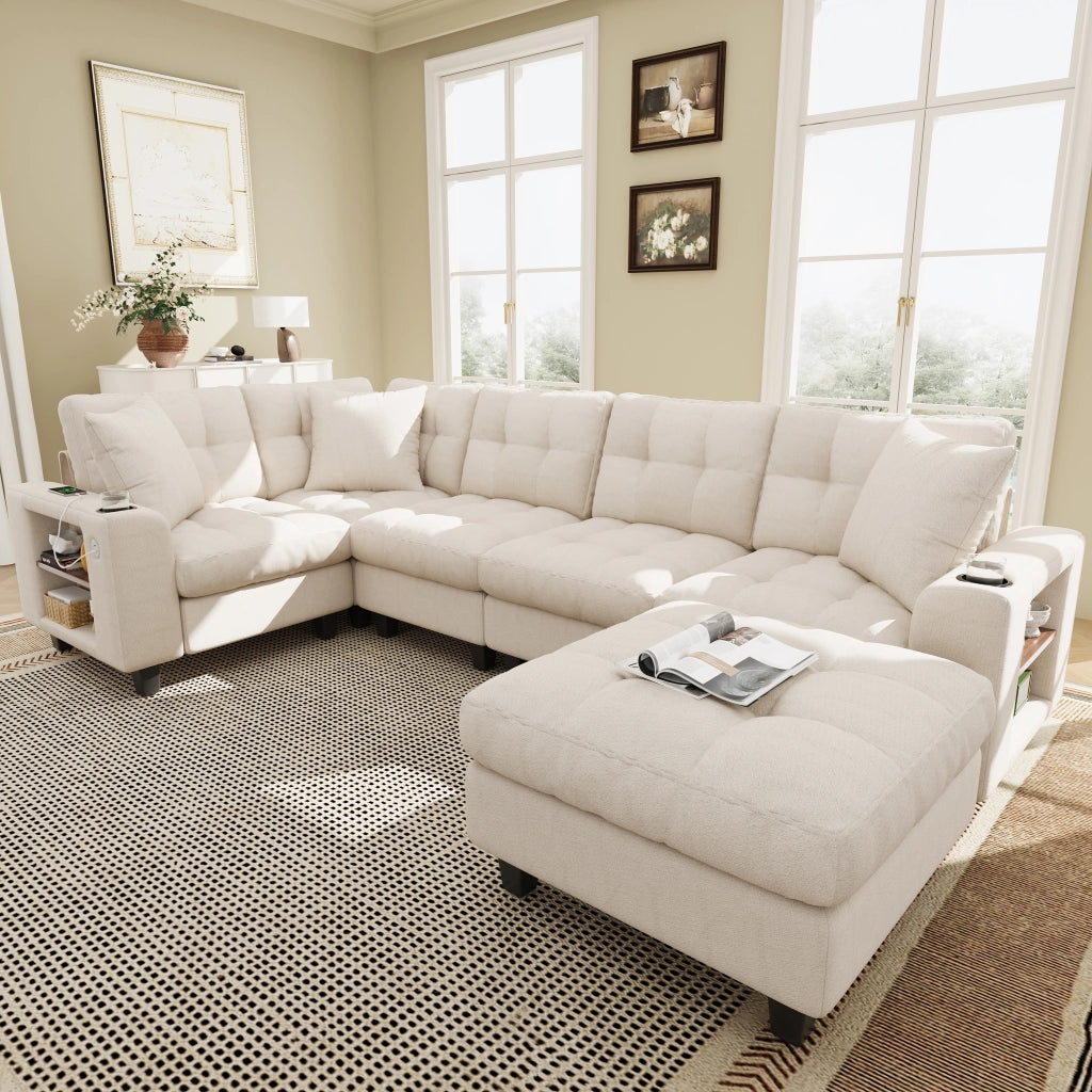 Divano panoramico modulare 6 sedili 216;5x216;5x83 cm; forma a U/L; pouf rimovibile; libreria braccioli; USB-C; ciniglia; beige