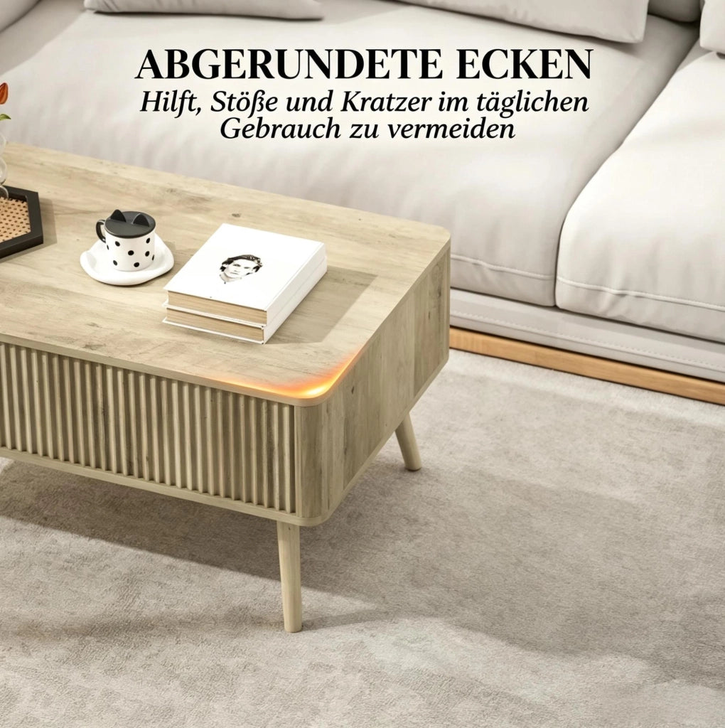 Tavolino da soggiorno moderno in MDF e legno di pino con piano regolabile in altezza, finitura rovere, 91x56 cm