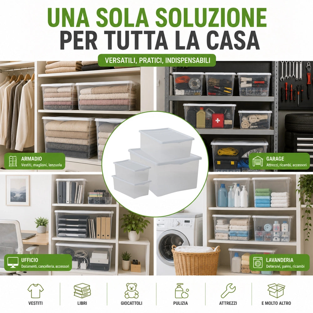 Set 4 Pezzi Spring Box 1L + 1M + 2XS Contenitori Trasparenti e Coperchio Bianco